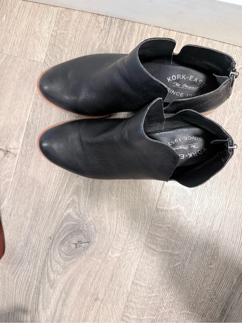 Kork-Ease Black Leather Side-Cut Ankle Booties with Wood Heel